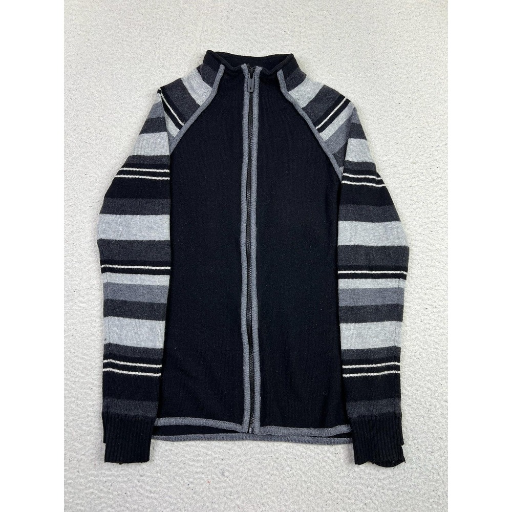 Smartwool Sweater Youth XS Black Gray Stripe Full Zip Knit Mock Neck Cardigan
